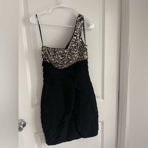 Black One-Shoulder Tony Bowls Dress with Silver Embellishments